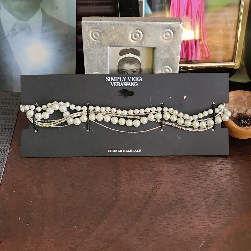 Combination,  faux pearl and silver chain chocker Vera Wang